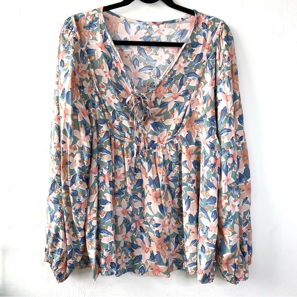 LAST CHANCE SALE!Double Tie Front Boho Floral Print Peasant Long Sleeve Blouse